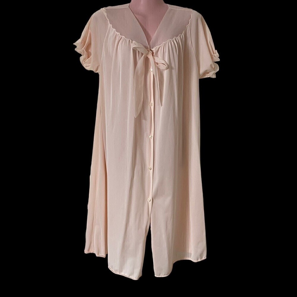 Vintage Rogers Women's Robe Dressing Gown L Pink Nylon w Chiffon Trim Buttons
